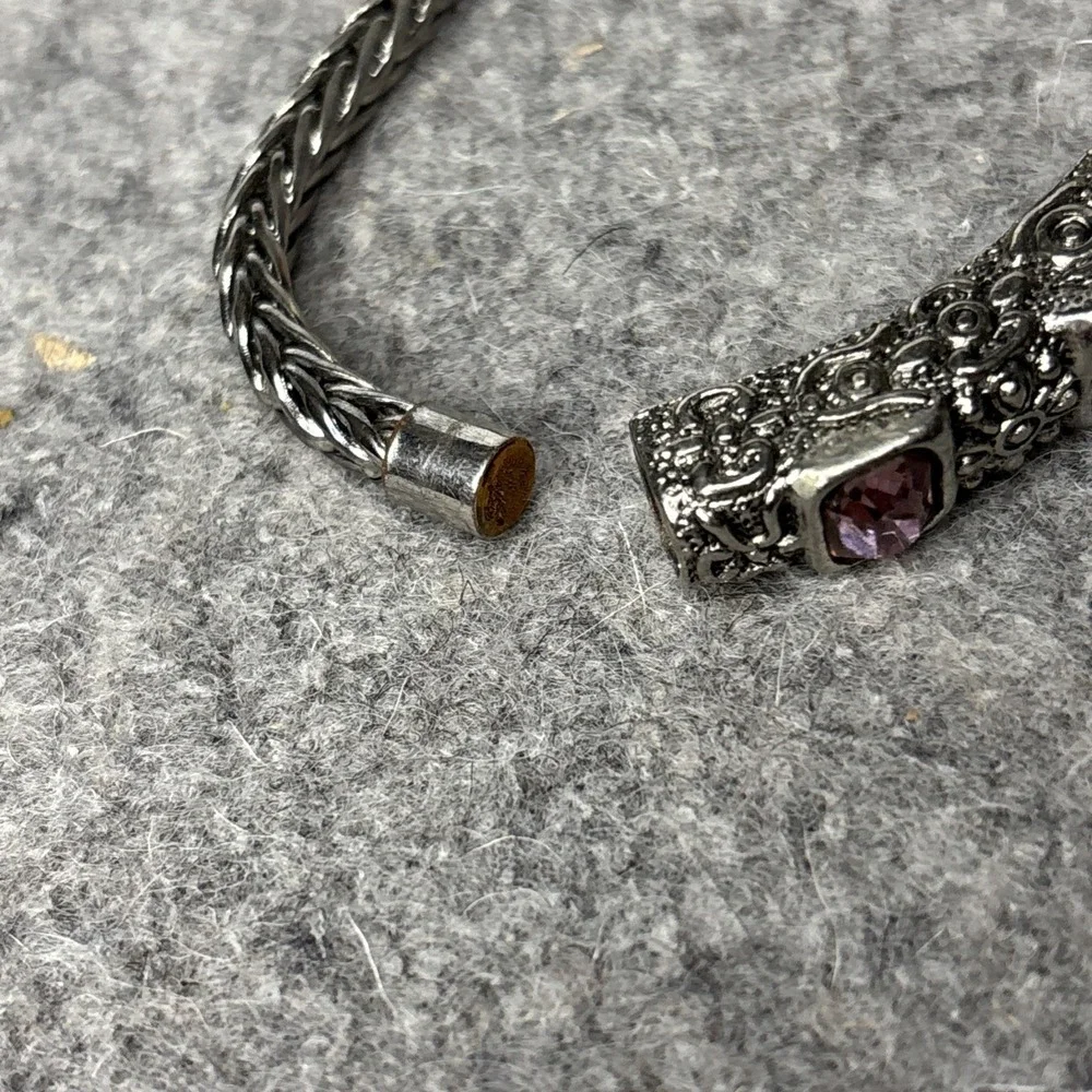 Purple Glass Stone Bracelet Silver Tone Bali Style Magnetic Clasp 7.5